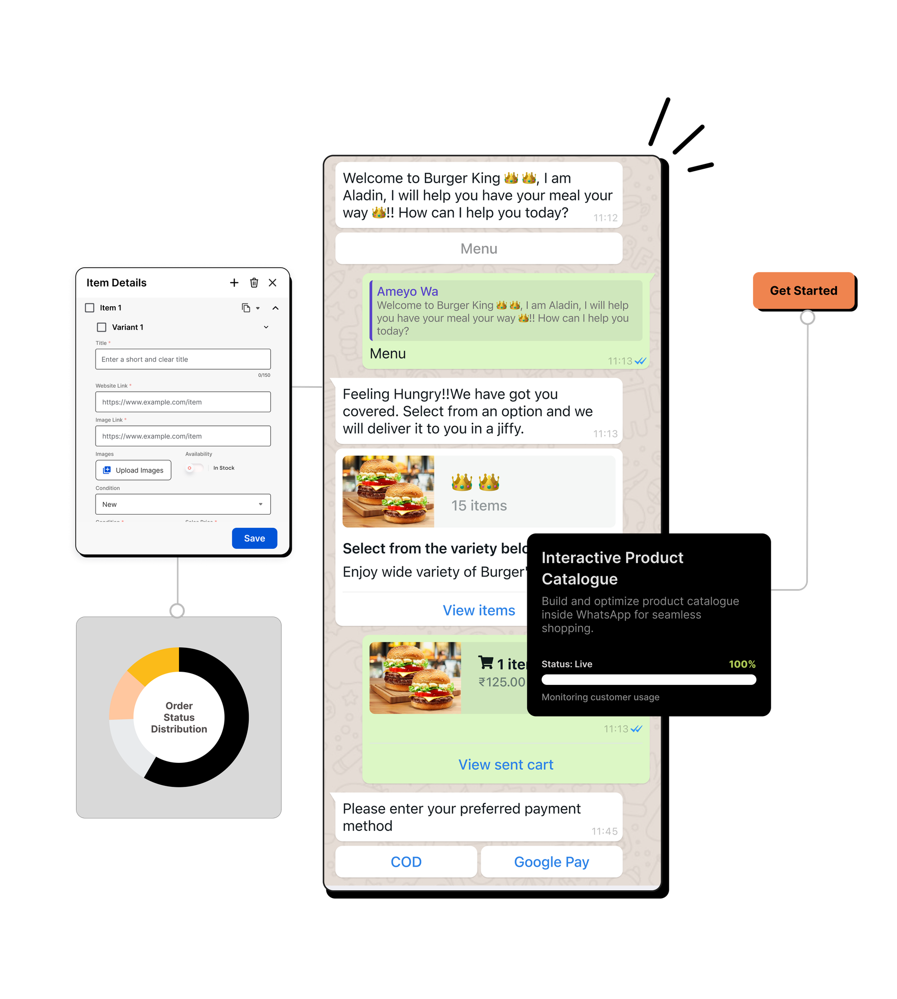 WhatsApp commerce bot — product catalogue, cart and payment inside a WhatsApp conversation, with the builder's item-details panel